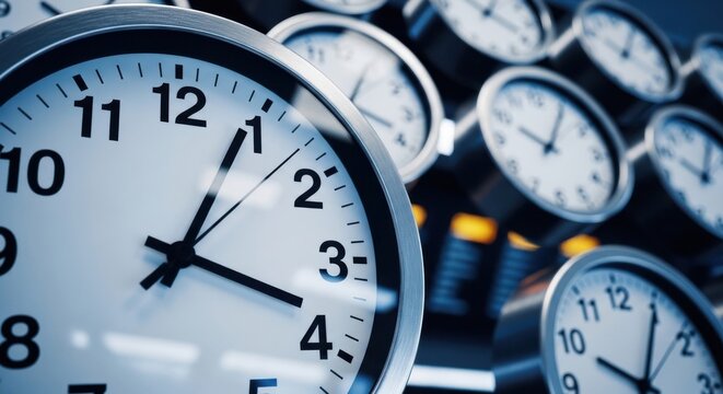 Abstract background featuring multiple analog clocks showing different time zones