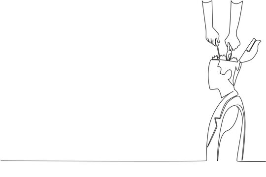 Continuous line drawing of hands repairing internal gear mechanism of businessman head, creating business concept for corporate training manuals book or psychology educational worksheet for student