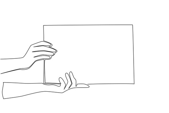 One line drawing of side hand holding blank rectangular board, showing an advertising concept. Great for marketing promo, protest sign, campaign message, sale notice, and event schedule display poster