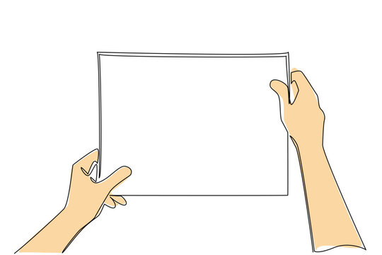 One line drawing of hands holding horizontal sheet, highlighting business notice concept. Ideal for missing person flyer, public announcement, event invitation, workshop poster, and daily planner