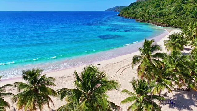 Turquoise ocean at idyllic sandy natural tropical island with green palm trees on the beach. Summer vacation at the equator. Palm trees in a Caribbean landscape. A journey to a tropical paradise.
