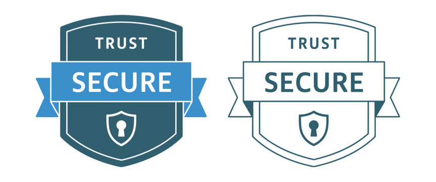 Secure trust badge icons for website security and data protection in blue and white vector style, modern shield and lock emblem set for cybersecurity and privacy assurance