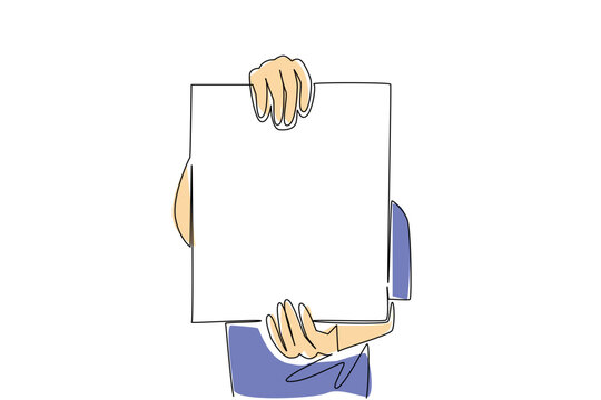 Single line drawing of young person holding board vertically, depicting an education info concept. Perfect for school announcements, student projects, exam results, and classroom activity guides