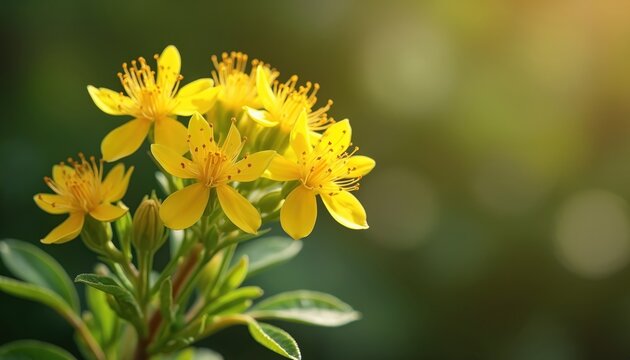 Bright yellow flowers Senna alexandrina bloom on green stem with leaves. Delicate plant petals unfurl in soft sunlight creating natural beauty. Detailed stamens visible on blossom head, background
