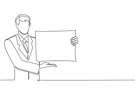 One line drawing of young male manager offering blank paper board with both hands, depicting business proposal concept. Perfect for business offer, service menu, welcome sign, and invitation template
