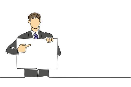 Continuous line drawing of young businessman in suit indicating blank paper board, show item highlight concept. Ideal for key takeaway, summary point, feature list, and product specification display