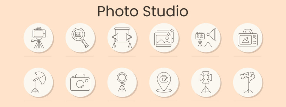 Photo studio set icon. Camera on tripod, magnifier, backdrop screen, image retouch, lighting kit, equipment case, umbrella light, compact camera, ring light, location pin