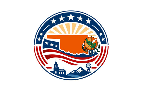 Oklahoma State Map Emblem with American Flag Stars and Stripes, 250 Years of Freedom Patriotic Badge, Vector Illustration Featuring Oklahoma Seal Symbols, Windmill, Mountains, and Sunburst Design
