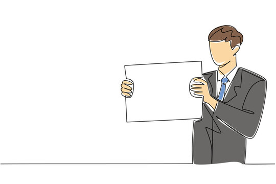 Continuous line drawing of handsome male manager displaying blank board sideway, showing business choice concept. Suitable for comparison slide, pros and cons, recommended item, and decision guide