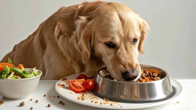 A happy canine enjoys a meal with a bowl of food and some vegetables