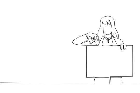 One line drawing of young businesswoman pointing down blank board for business presentation concept. Great for business report, product showcase, corporate event flyer, and workshop material design