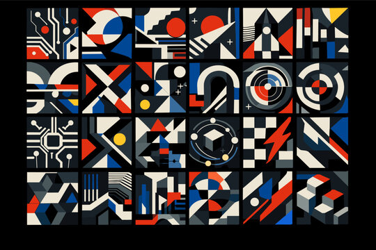 Abstract Brutalist Geometric Compositions in Cyberpunk Style; Futuristic Vector Assets with Bold Modern Mosaic Patterns, Circuitry, and Bauhaus Inspired Shapes for Digital Design and Branding.