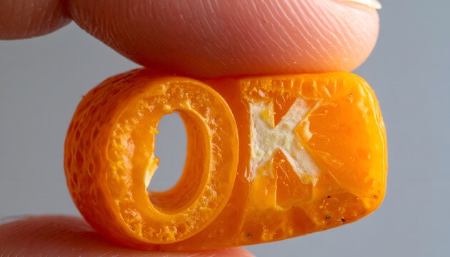Close-up of a Finger Holding Orange Dice with OK Letters.