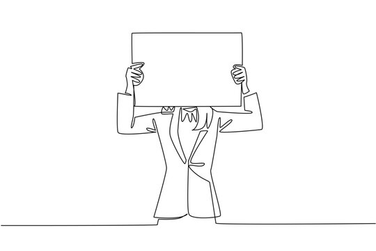 Single line drawing of businesswoman holding blank poster sign over her face for business concept. Art for blind recruitment, silent protest, privacy protection, and corporate identity cover