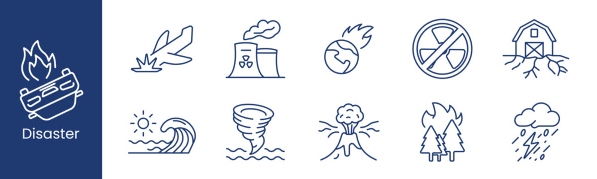 Disaster set icon. Collection with plane crash, nuclear plant, meteor earth, radiation sign, flooded barn, tsunami wave, tornado, volcano, forest fire, thunderstorm.