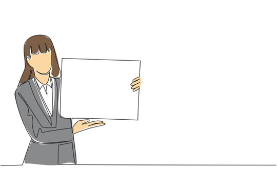 Continuous line drawing of businesswoman showing blank text box board for template concept. It is ideal for quote background, social media frame, teacher aid, and visual explanatory diagram graphic