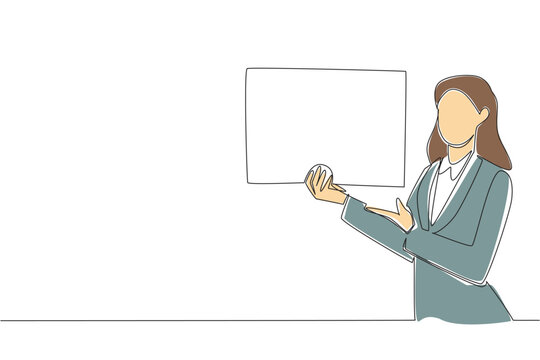 One line drawing of businesswoman pointing at blank board for an instruction concept. This colored design is ideal for tutorial video thumbnails, teacher guidebooks, and educational website templates