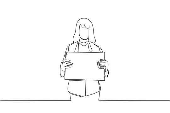Continuous line drawing of businesswoman holding square blank board for business concept. Design is ideal for announcement, presentation slide, marketing material, and office wall decor art