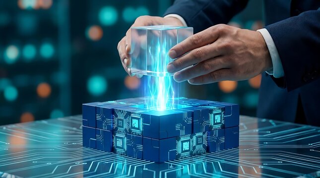 Businessman holding a transparent cube above a futuristic digital circuit platform with glowing lightning effect, representing technology innovation and digital transformation