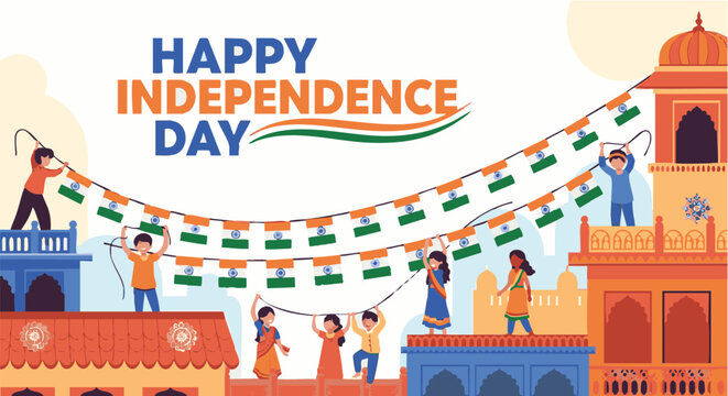 Indian Independence Day celebration with people hanging tricolor flags on buildings in vibrant colorful lighting for patriotic decor