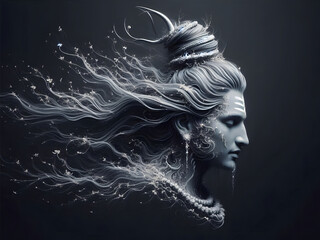 Fototapeta premium portrait of lord shiva head with floating hair on black background