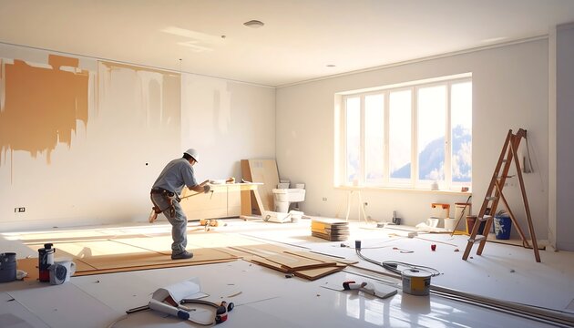 A man installing flooring in a room with tools scattered around