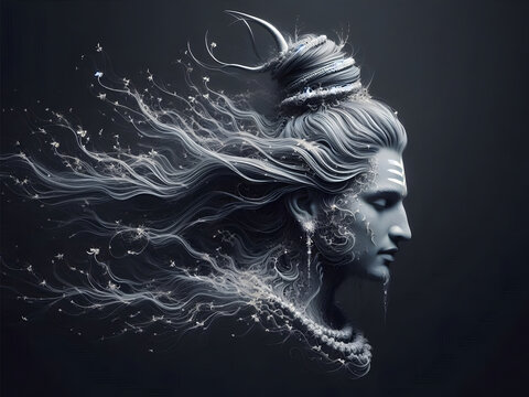 portrait of lord shiva head with floating hair on black background