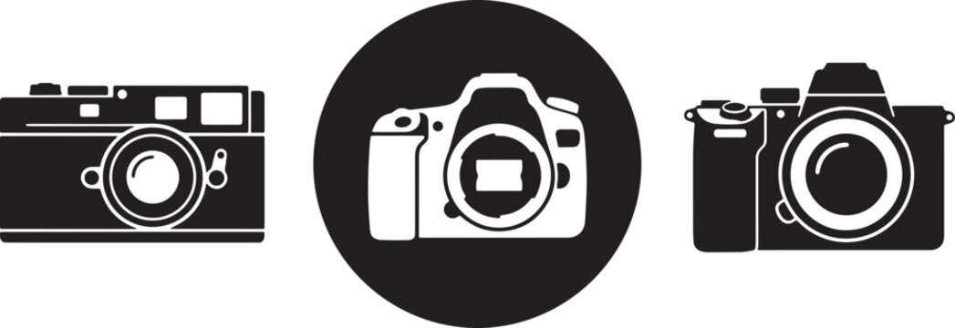 Set of three black and white vintage cameras with round lenses, isolated on white background, analog cameras