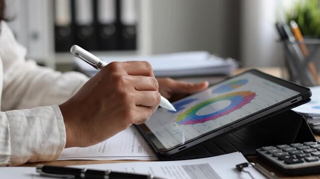 Person analyzing colorful graph on digital tablet at office desk with papers and calculator