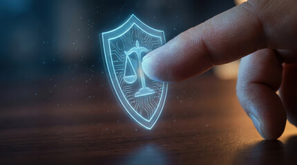 Obraz premium Artificial intelligence law concept justice security shield scale artificial intelligence law concept justice security shield scale finger touch glowing digital interface for legal technology