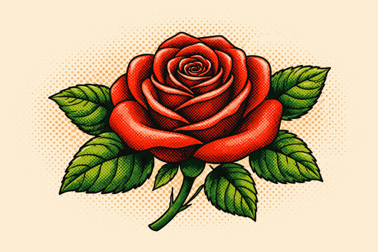 Retro Red Rose Illustration with Halftone Dot Texture and Green Leaves, Vintage Pop Art Style Vector Graphic for Tattoo Design, Floral Decorations, and Romantic Greeting Cards on Beige Background