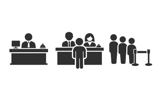 Reception Desk and Queue Line Icon Set Featuring Office Staff, Customer Service Representatives, Waiting People, and Information Counter for Business, Hotel, Bank, and Airport Service Concepts
