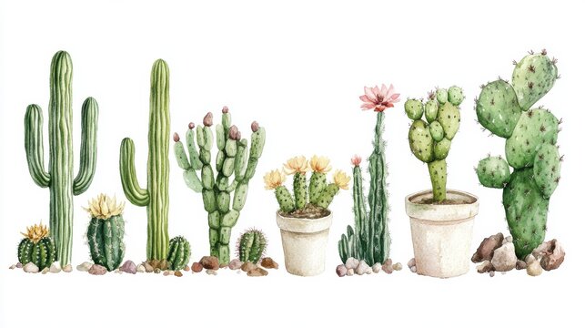 Watercolor illustration set of desert cactus species including saguaro, prickly pear, and barrel cactus, hand-painted and arranged neatly on white