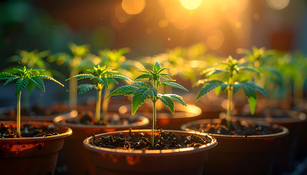 Young Cannabis Seedlings Growing Under Warm Sunlight in Pots.