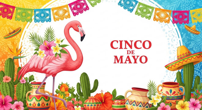Cinco de Mayo celebration with a pink flamingo cacti and traditional Mexican decorations festive vector illustration for holiday invitations and party flyers