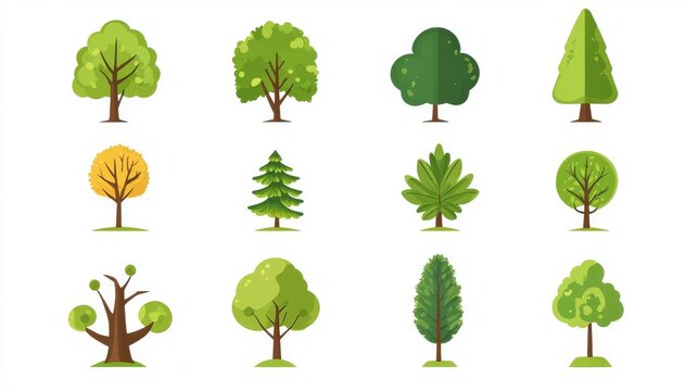 green tree flat icon pack with mixed tree types arranged in grid layout, minimalist design for banner or poster use