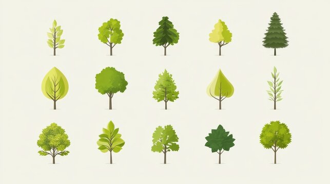 green tree flat icon pack with mixed tree types arranged in grid layout, minimalist design for banner or poster use