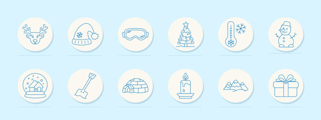 Fototapeta premium Winter holiday set icon. Blue outline badges with reindeer head, knit hat, ski goggles, decorated tree, thermometer snowflake, snowman, snow globe house, shovel, igloo, candle, mountains, gift box