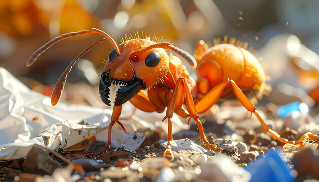 Extreme Close Up Macro Shot of an Orange Ant in Trash.