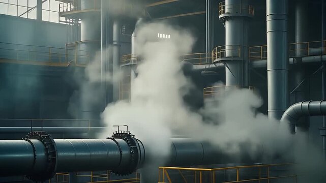 Industrial Factory Steam Vents: Heavy Machinery and Pipes, Cinematic 4K Footage