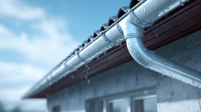 Close-up view of raindrops dripping from a house roof gutter system on a rainy day