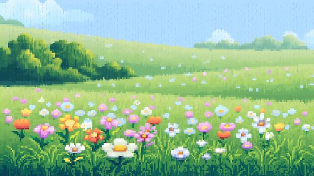 Panning shot of wildflowers swaying in gentle rain across green meadow and rolling hills under cloudy daytime sky pixel art style