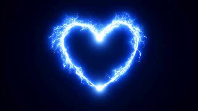 Static shot of glowing electric heart pulsing with blue lightning sparks and crackling energy against dark studio background with vignette