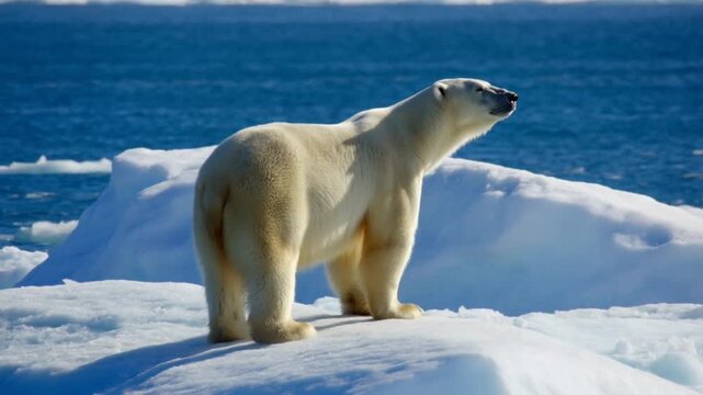 Slow tracking shot of polar bear sniffing and surveying pack ice near arctic ocean horizon on snowy floe in daylight