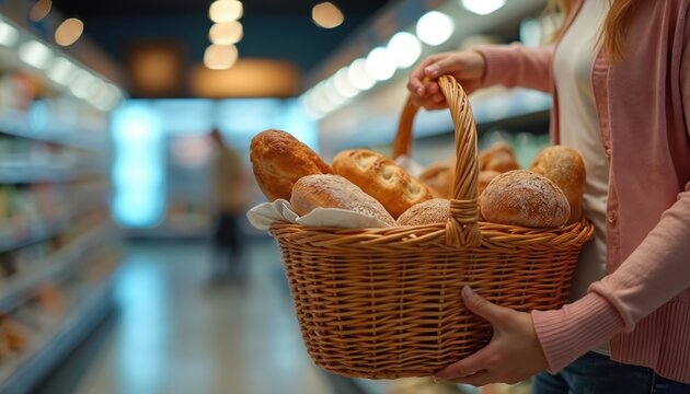 Woman carries basket full of fresh baked bread and pastries. Shopper buys groceries in supermarket bakery aisle. Person selects food items in market.
