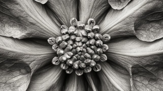enlarged pod structure of Abutilon plant, symmetrical and sculptural form in grayscale, antique photography style