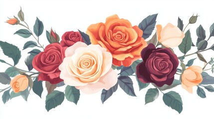 Fototapeta premium floral composition featuring richly colored roses with hand-drawn vector style, delicate leaves and soft shadows on white background