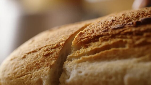 Tracking shot close up of bread being sliced with serrated knife on kitchen countertop during breakfast prep