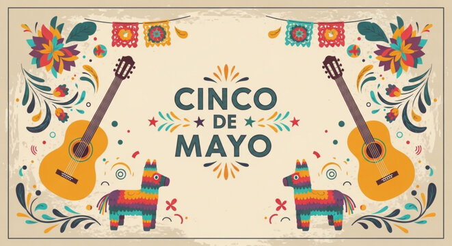 Cinco de Mayo celebration banner with guitars pinatas and floral decorations festive vector illustration for holiday greetings and party invitations