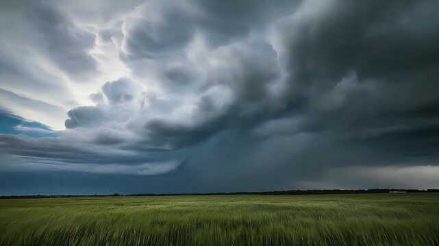 Dramatic Storm Clouds Gathering Over Green Wheat Field, Epic Weather Phenomenon, 4K Cinematic Footage